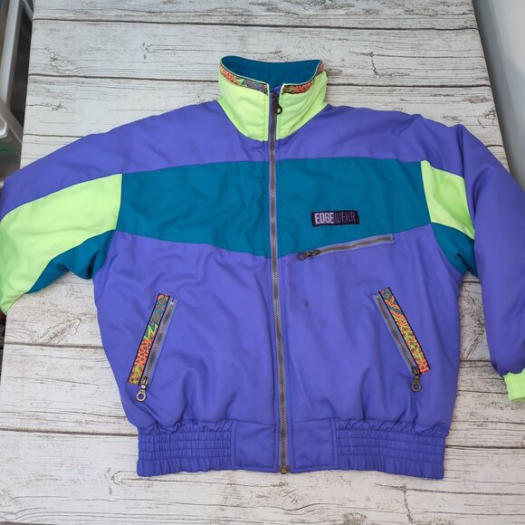 Edge Wear Ski Jacket Purple Teal Neon 90s Retro Colorblock – Women’s 12 - Picture 1 of 8